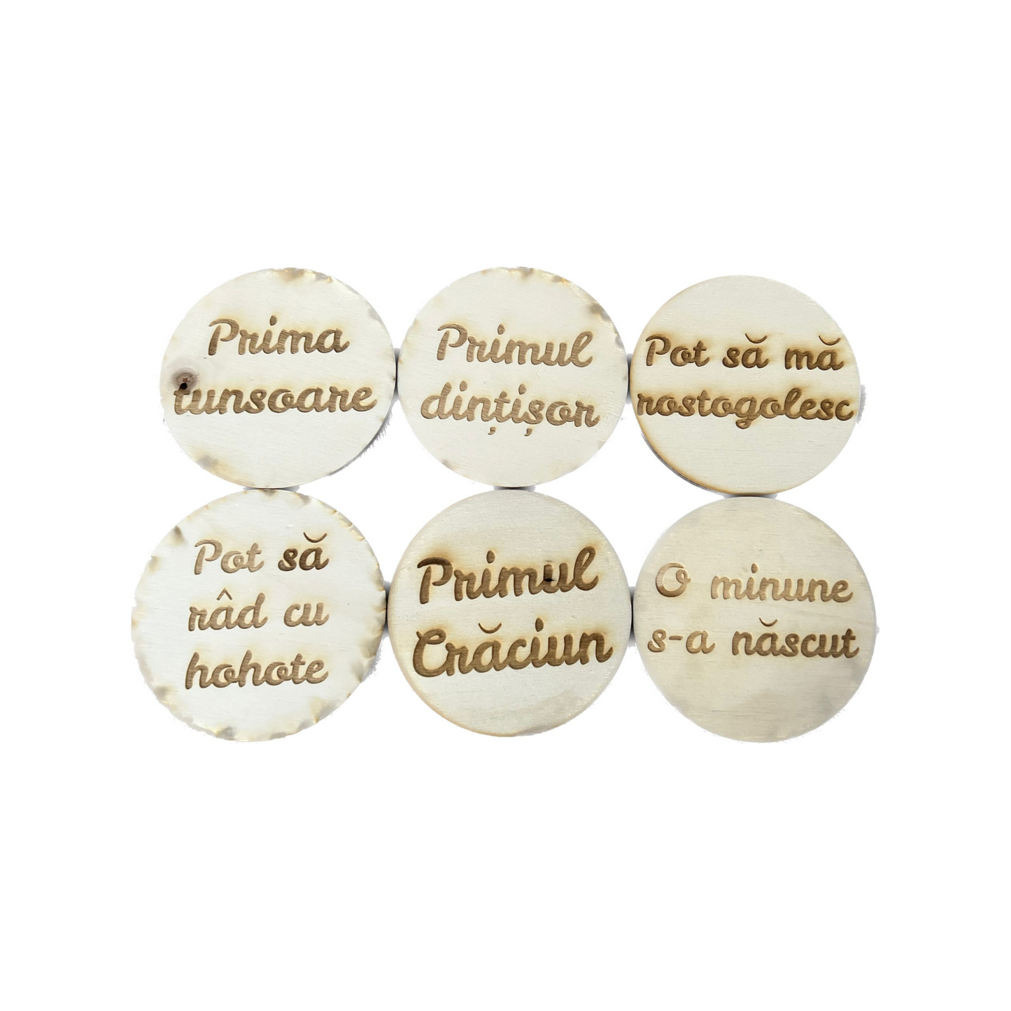 Carduri de tip milestone din lemn, pentru bebelusi, reversibile, în limba romana, set de 12 bucati